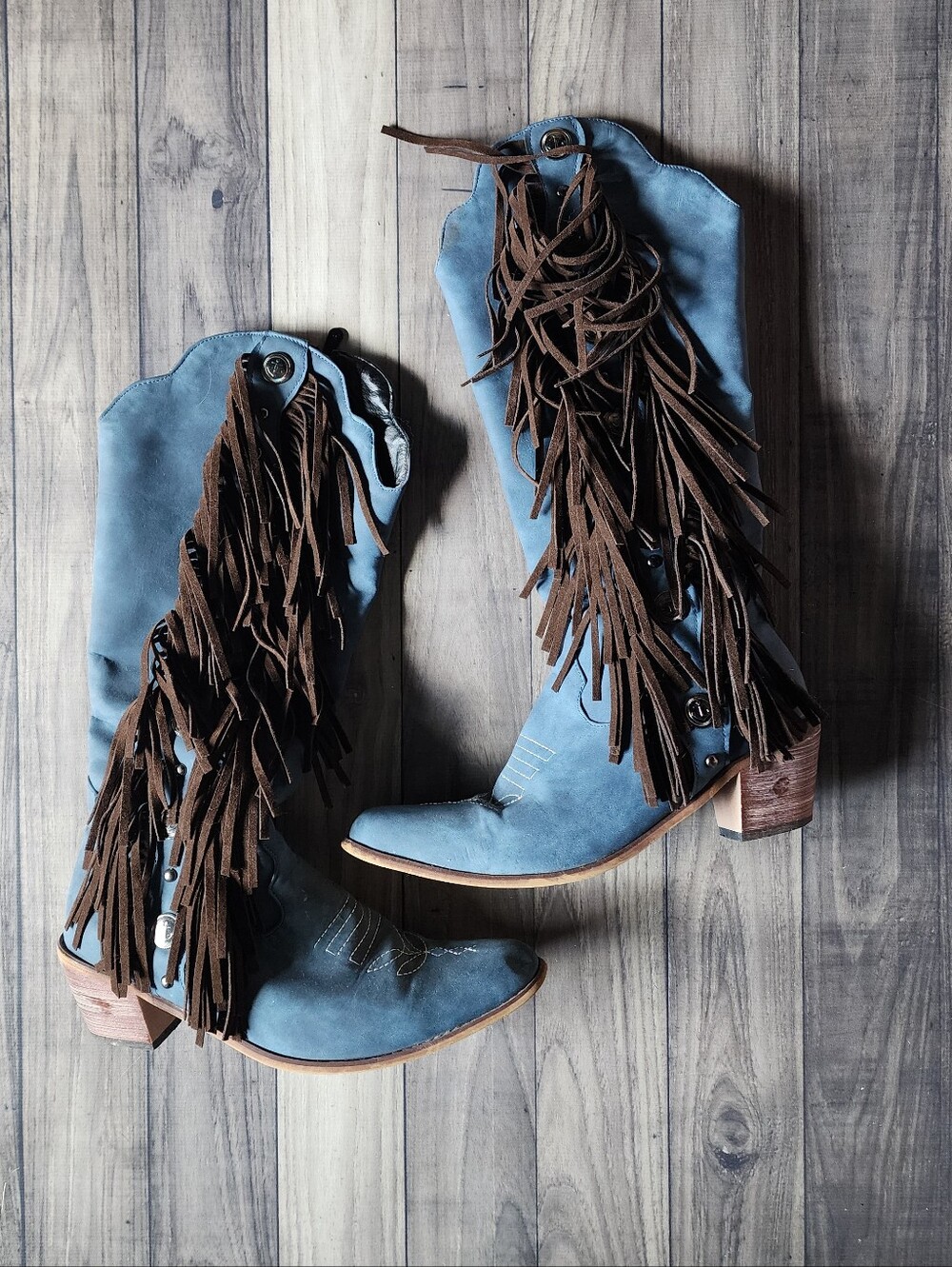 Women's Blue Western Boots With Brown Fringe